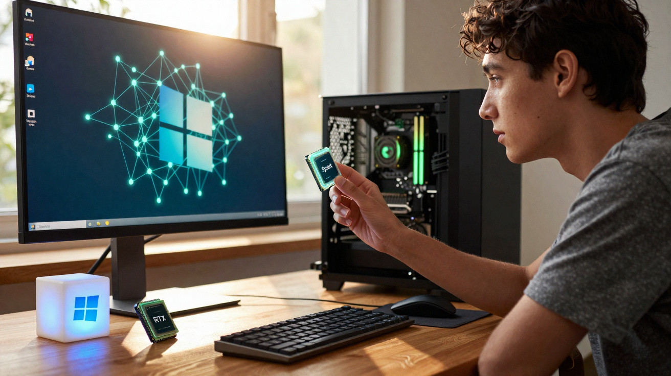 Jovem segurando peça de computador perto de monitor com logo do Windows e gabinete aberto na mesa.