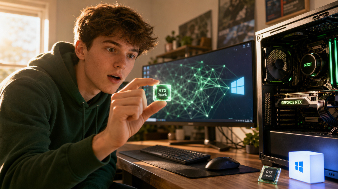 Jovem segurando chip RTX Spark em frente a computador configurado com placa GeForce RTX e monitor com Windows.