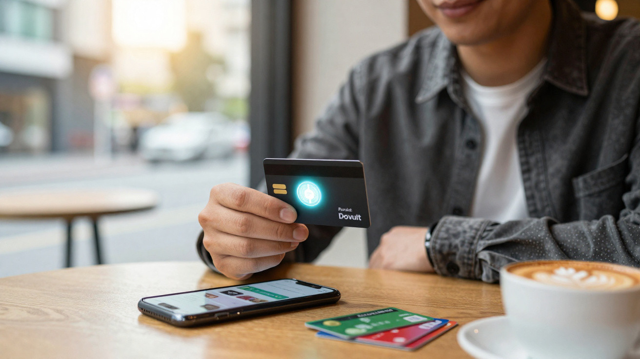 Pessoa segurando cartão de crédito para pagamento online em smartphone sobre mesa com café em cafeteria.