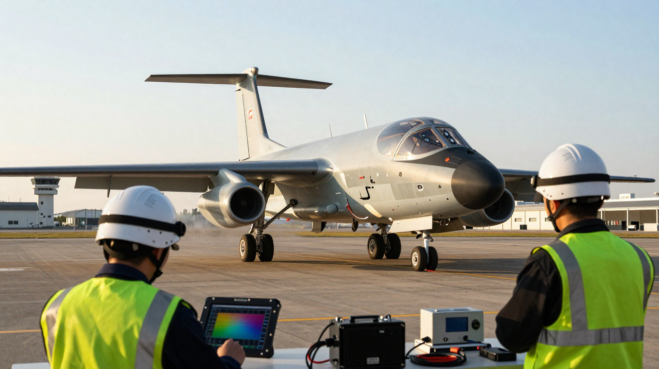 Dois técnicos com capacetes e coletes verdes operam equipamentos enquanto um avião militar está no pátio.