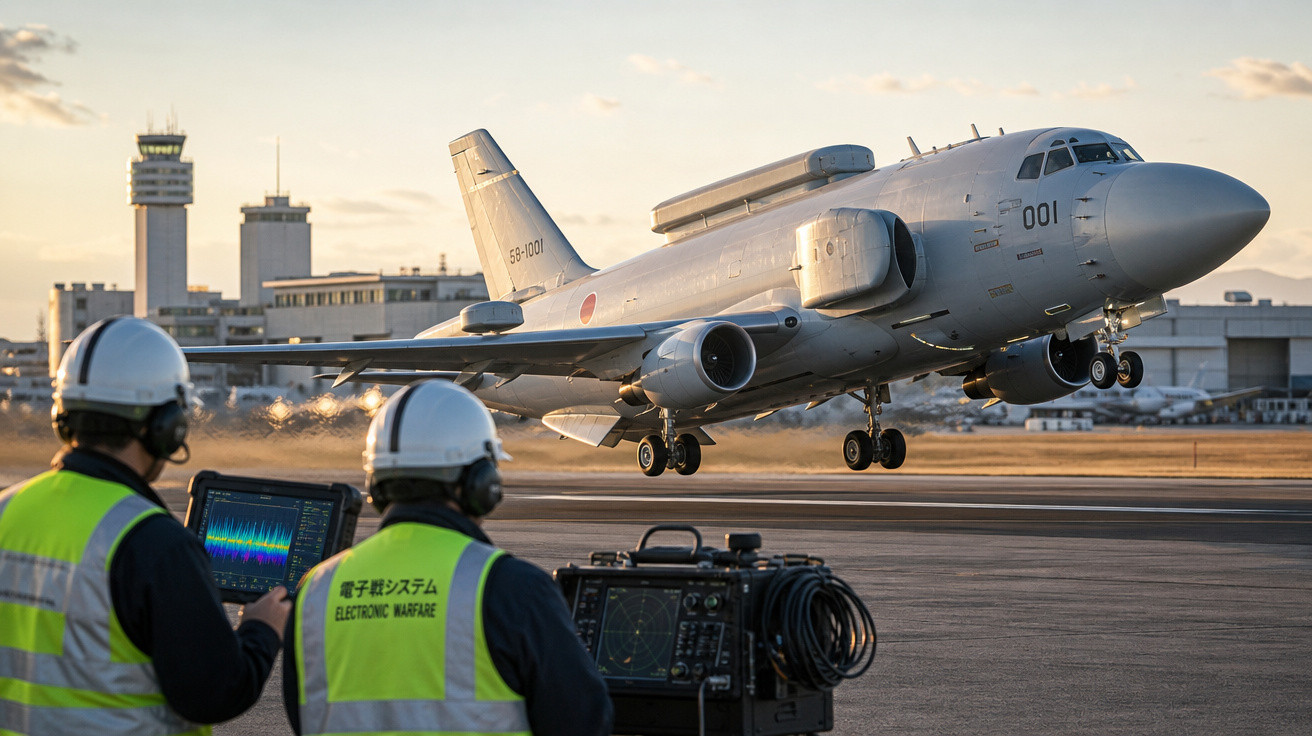 Avião militar decolando enquanto dois técnicos com coletes e capacetes observam equipamentos eletrônicos na pista.