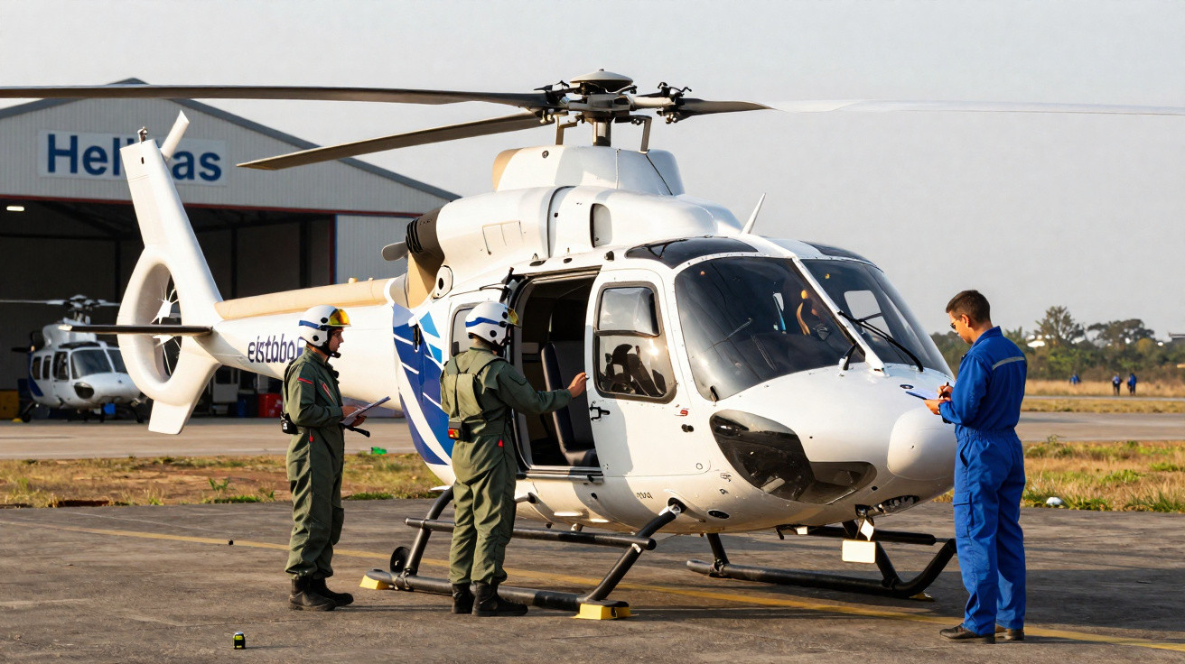 Helicóptero branco no solo com três técnicos em uniforme realizando inspeção antes do voo.
