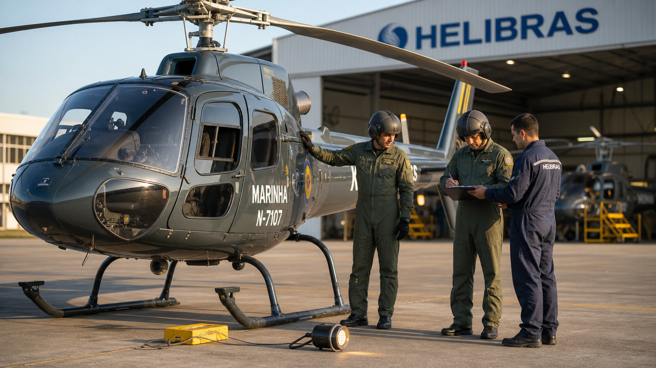 Helicóptero militar da Marinha estacionado e três homens em uniforme conversando na Helibras.