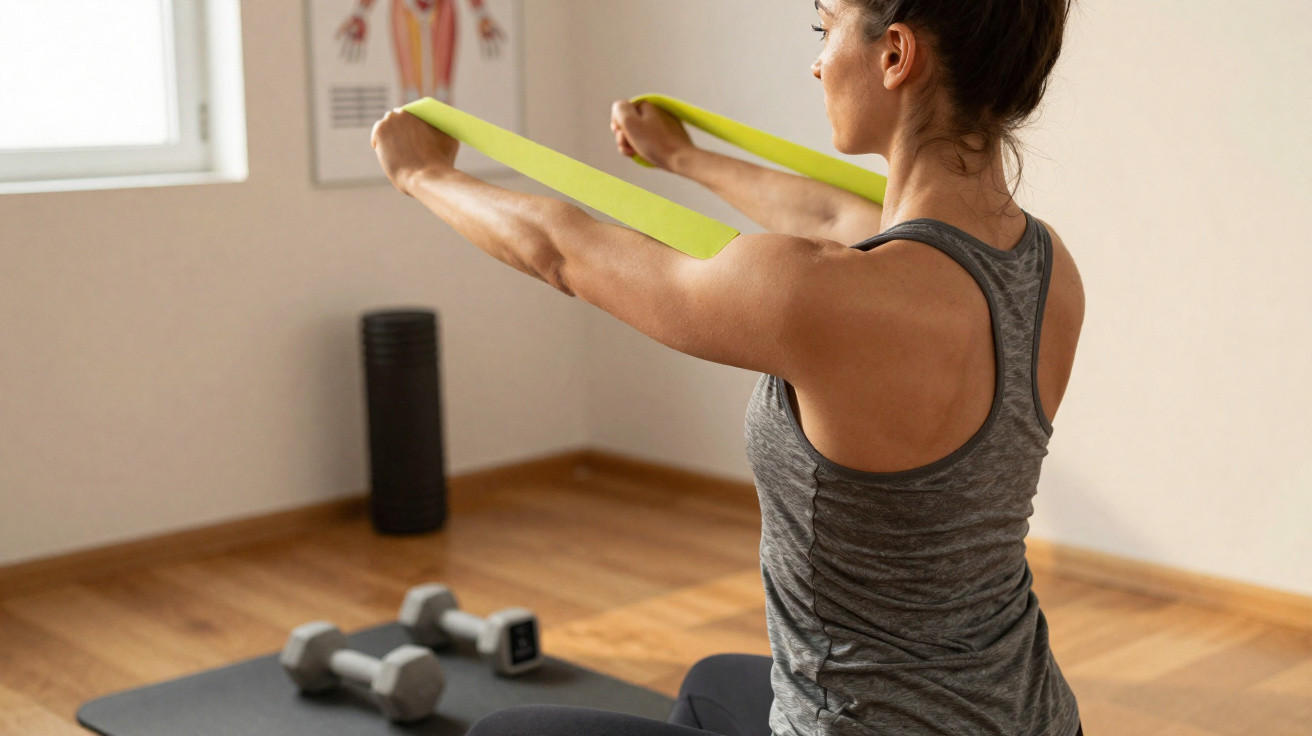 Mulher fazendo exercícios com faixa elástica em estúdio de fisioterapia ou pilates.