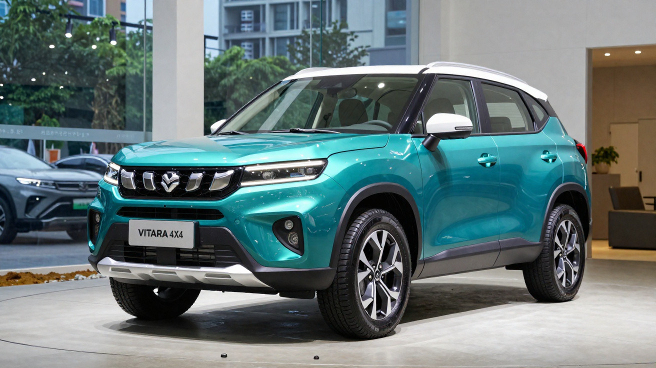 Carro SUV Suzuki Vitara 4x4 verde com teto branco exposto em showroom moderno.