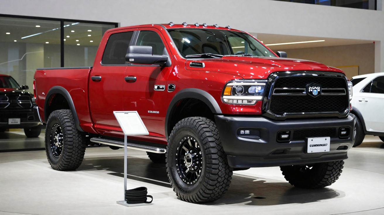 Picape vermelha Dodge Ram 2500 2021 exposta em showroom, com rodas off-road e para-lama preto.