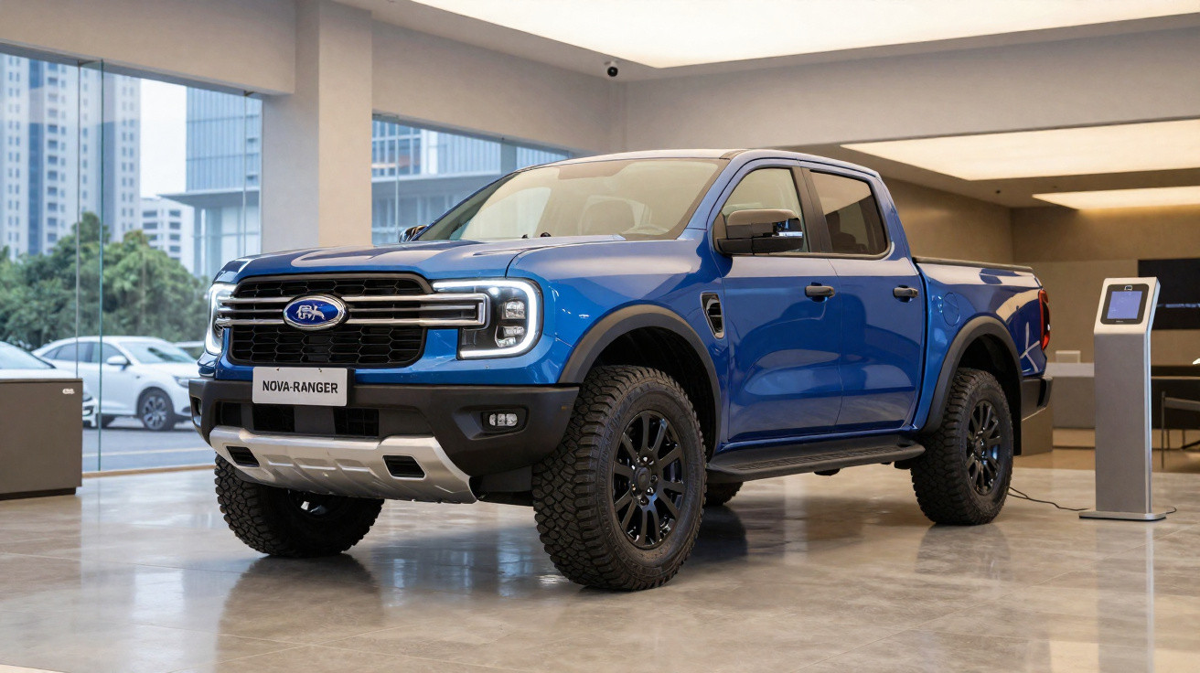 Picape azul Ford Nova Ranger exibida em showroom moderno com pneus robustos e detalhes em preto.