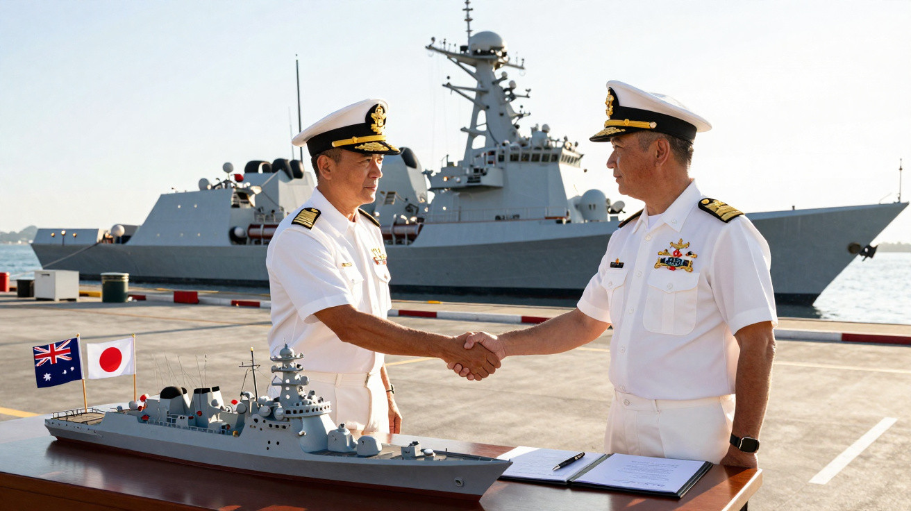 Dois oficiais da marinha de países diferentes apertam as mãos ao lado de um modelo de navio de guerra com bandeiras da Austrá
