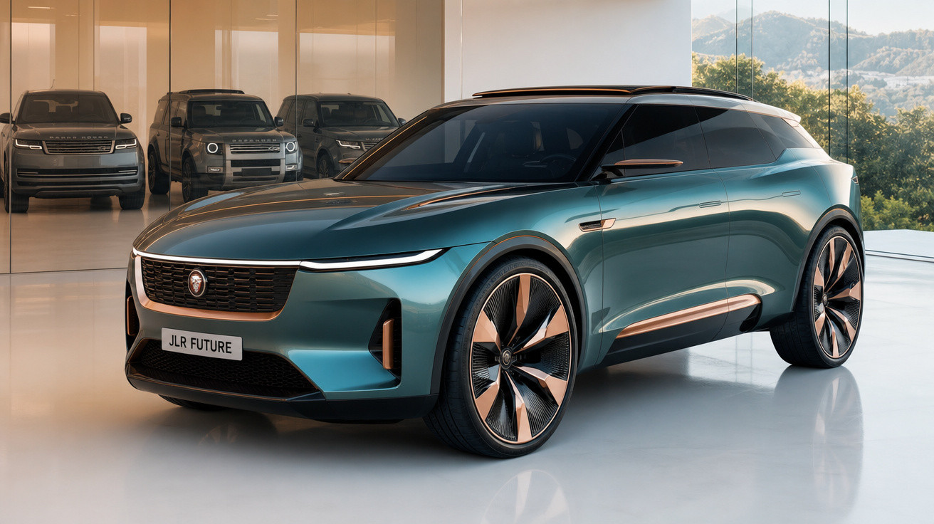 Carro conceito Jaguar JLR Future azul metálico em showroom moderno com vidro e vista para montanhas.