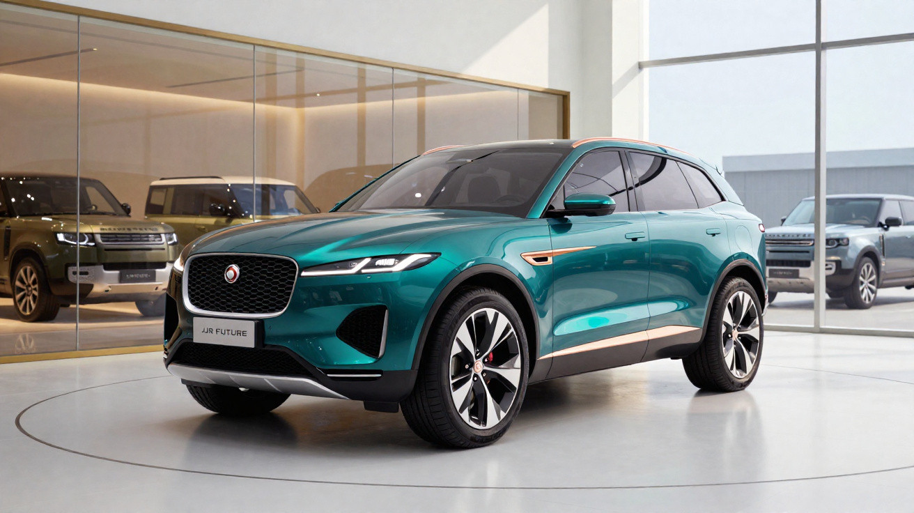 SUV verde brilhante exposto em showroom moderno com vidro e outros carros ao fundo.