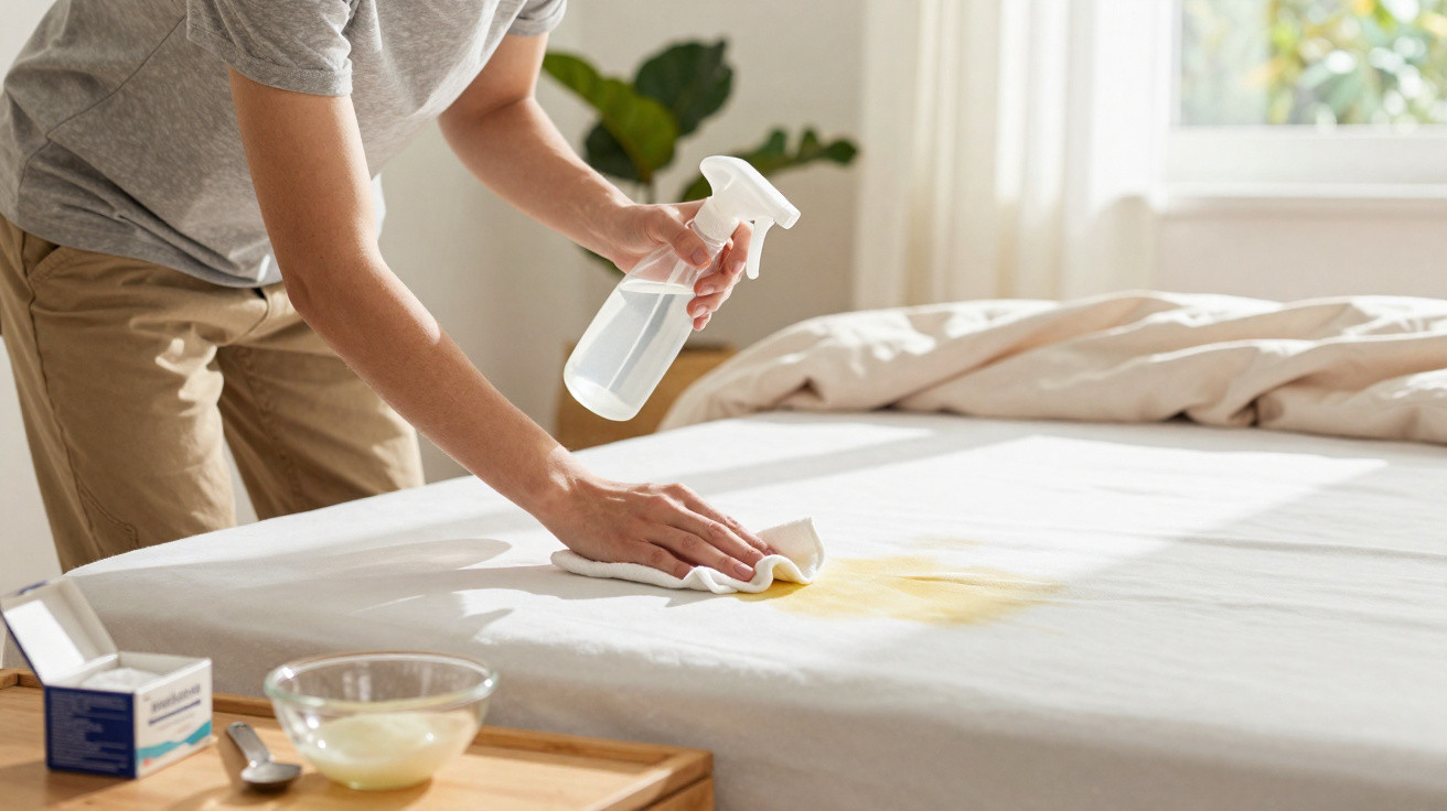 Pessoa aplicando spray e limpando mancha amarela no lençol branco de cama ensolarada.