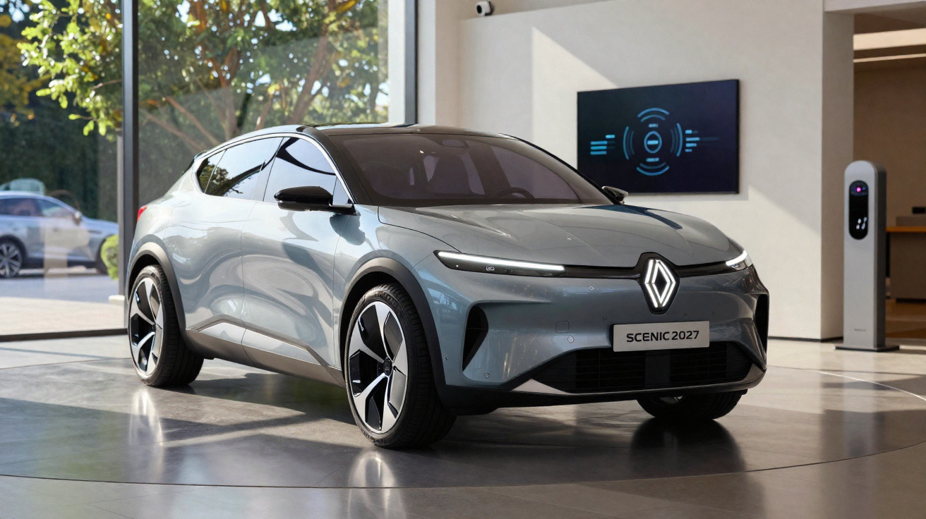 Carro elétrico Renault Scenic 2027 prata exibido em showroom moderno com luz natural e tela digital na parede.