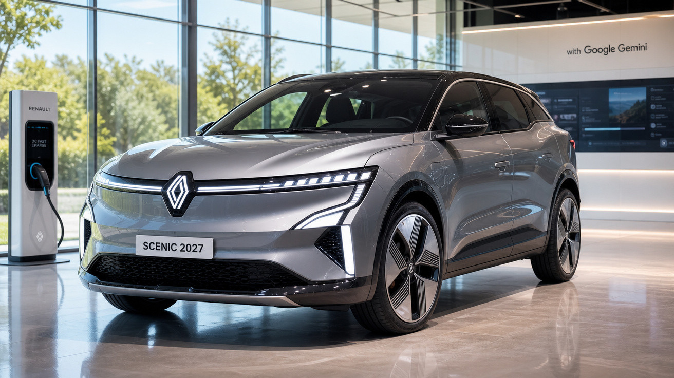 Carro elétrico Renault Scenic 2027 prata estacionado em showroom moderno, conectado a carregador rápido.