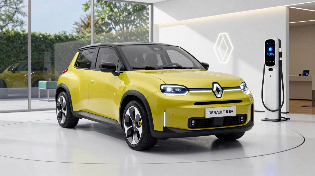 Carro elétrico Renault 5 EV amarelo estacionado próximo a carregador em ambiente interno moderno.