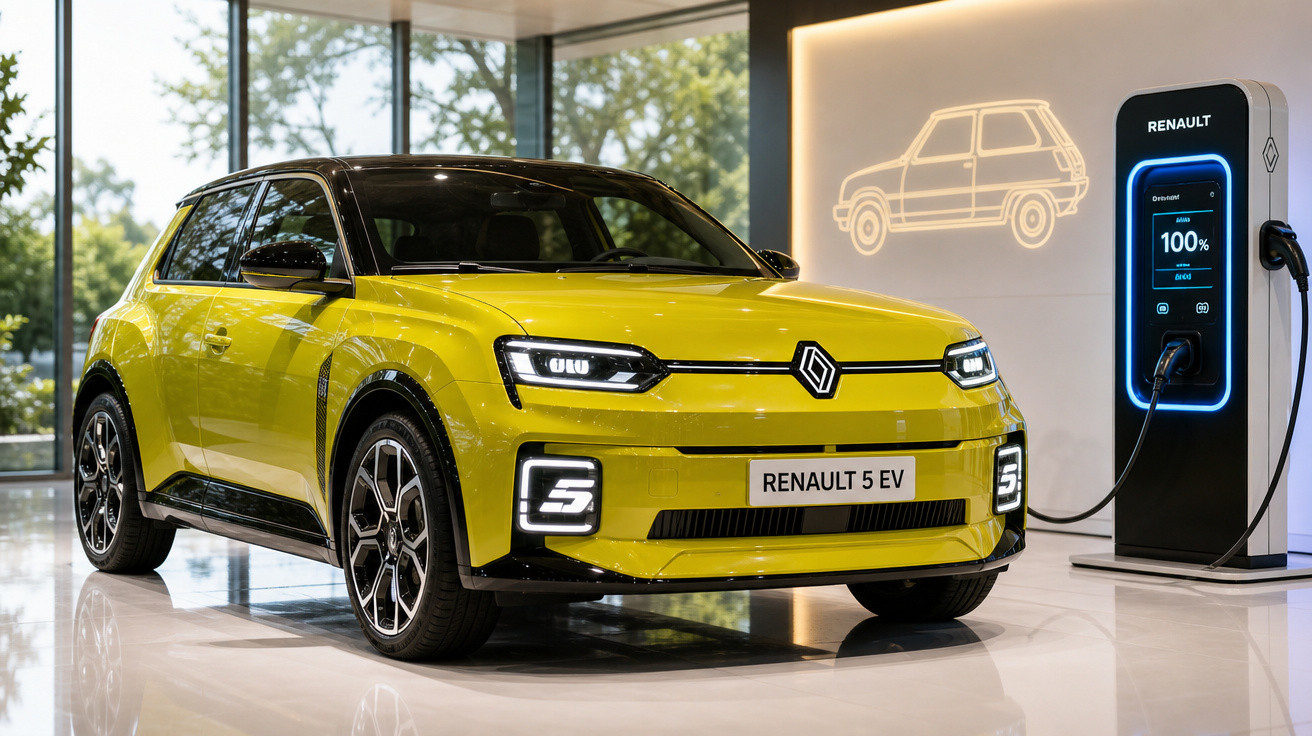 Carro elétrico amarelo Renault 5 EV conectado a carregador em showroom moderno.