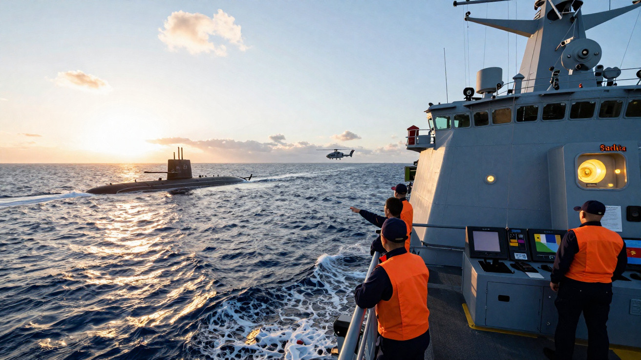 Marinheiros em navio observam submarino no mar durante o pôr do sol com helicóptero ao fundo.