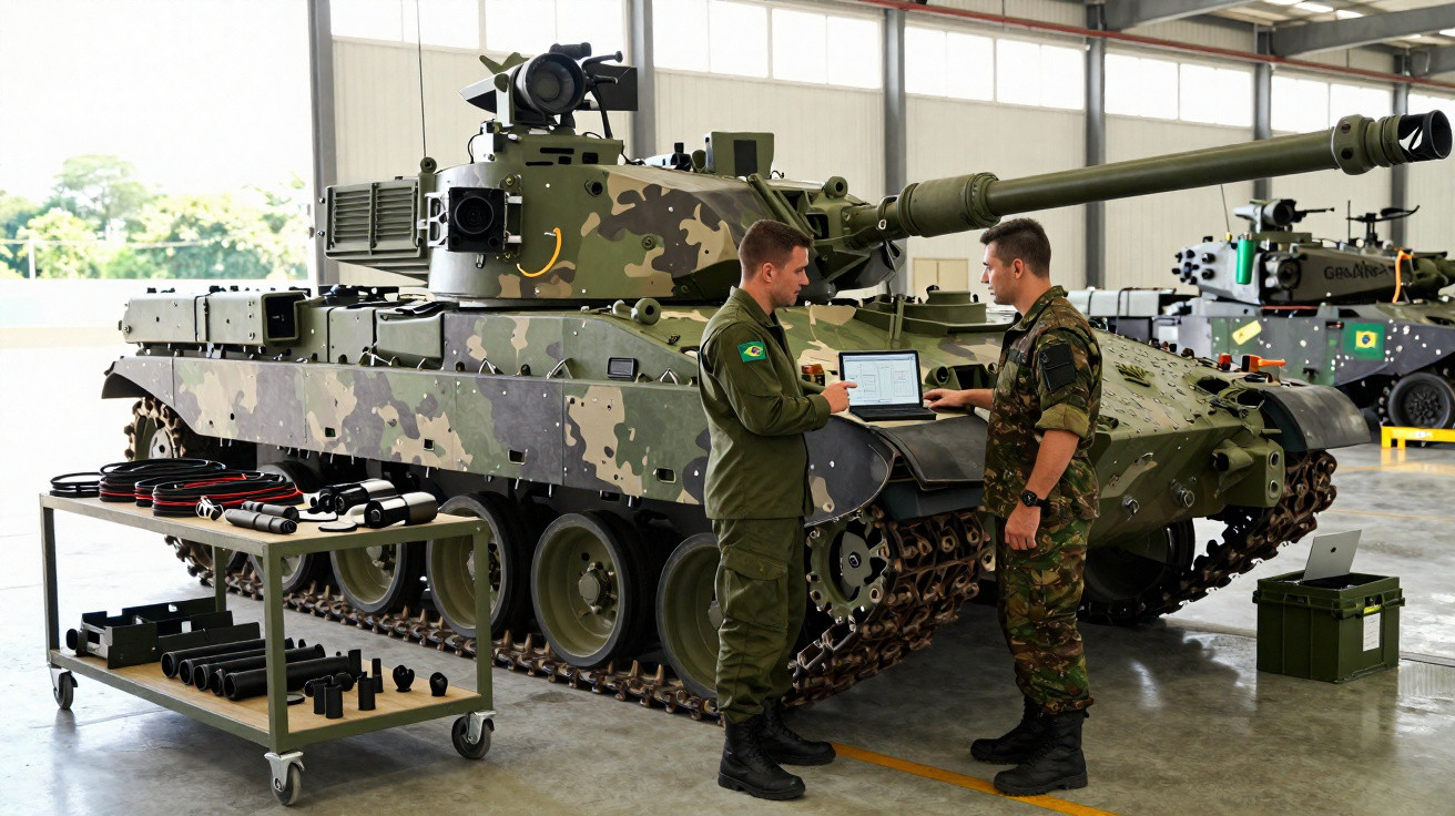 Dois militares brasileiros em uniforme conversam perto de tanque de guerra em galpão.