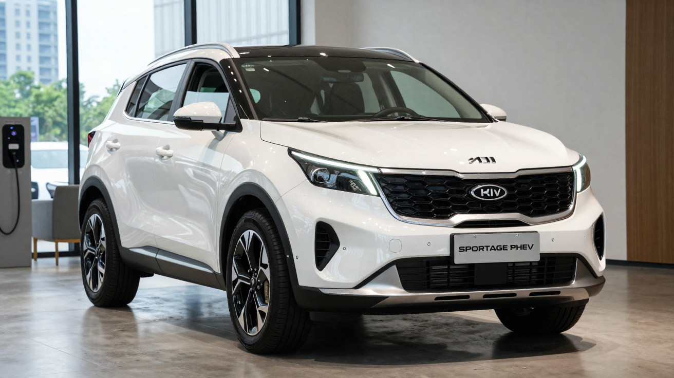 Carro SUV branco Kia Sportage PHEV estacionado em ambiente interno moderno.