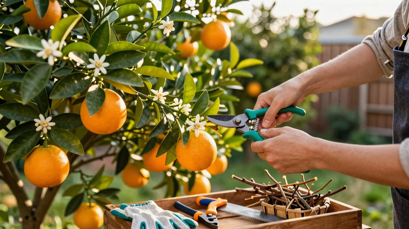 Pessoa com tesoura de poda cortando ramo de laranjeira com frutos e flores em ambiente externo.