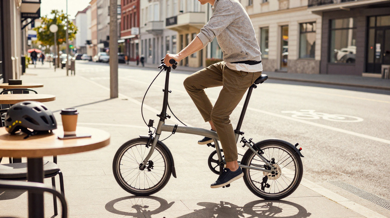 Pessoa andando de bicicleta dobrável cinza em rua urbana ao lado de mesas com capacete e café.