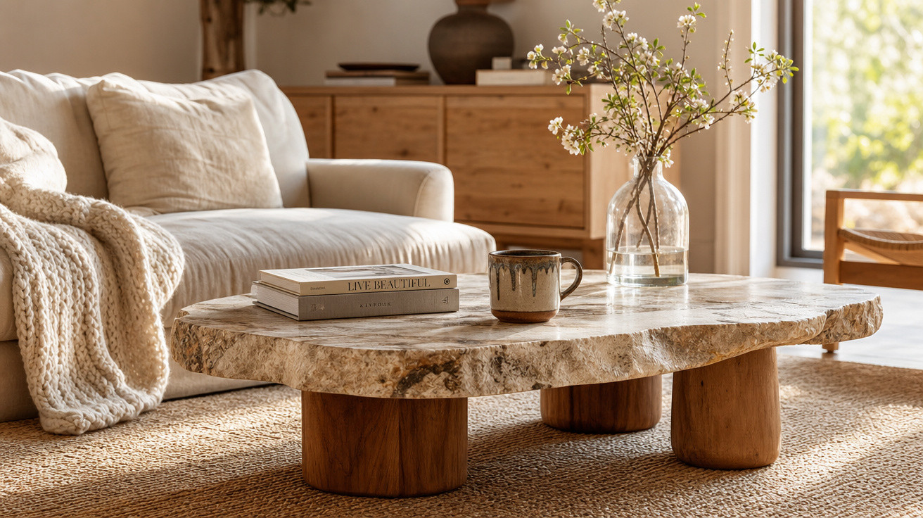 Sala de estar aconchegante com sofá bege, mesa de centro rústica, vaso com flores e manta de tricô.