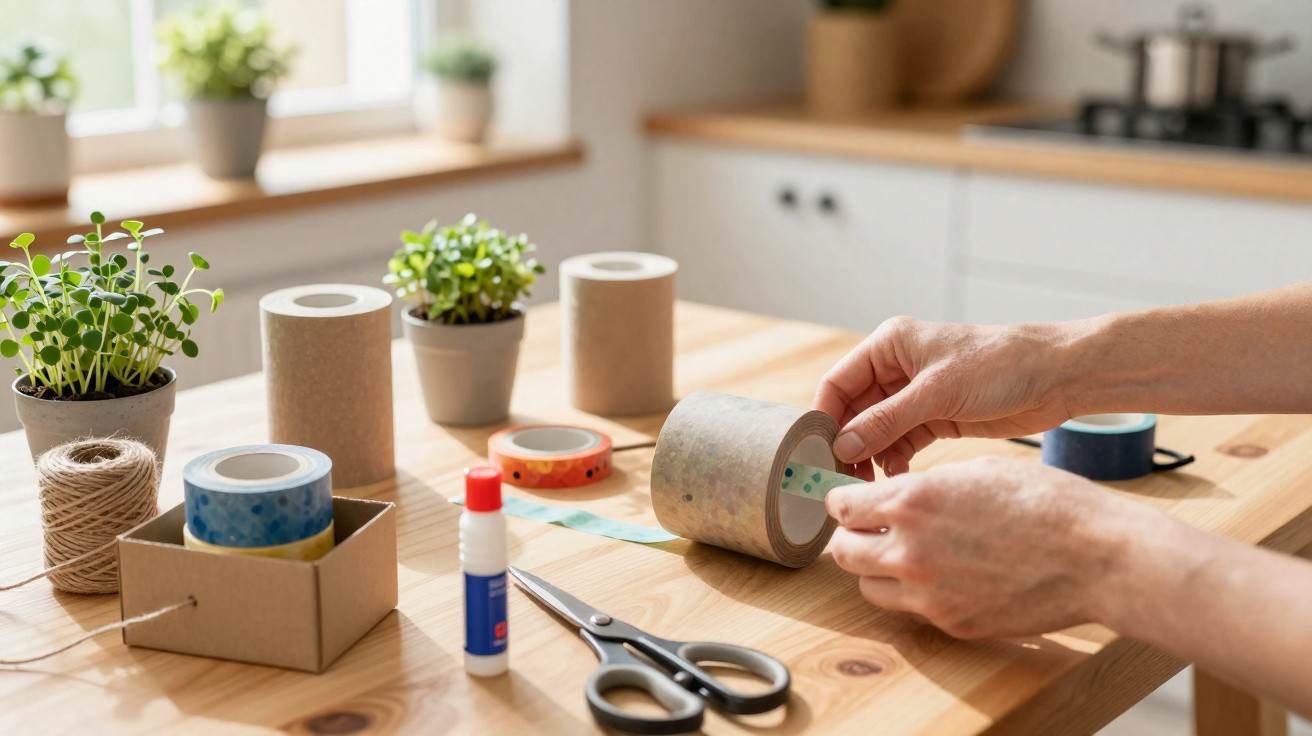 Mesa de madeira com materiais de artesanato, plantas em vasos e mãos manipulando fita adesiva.