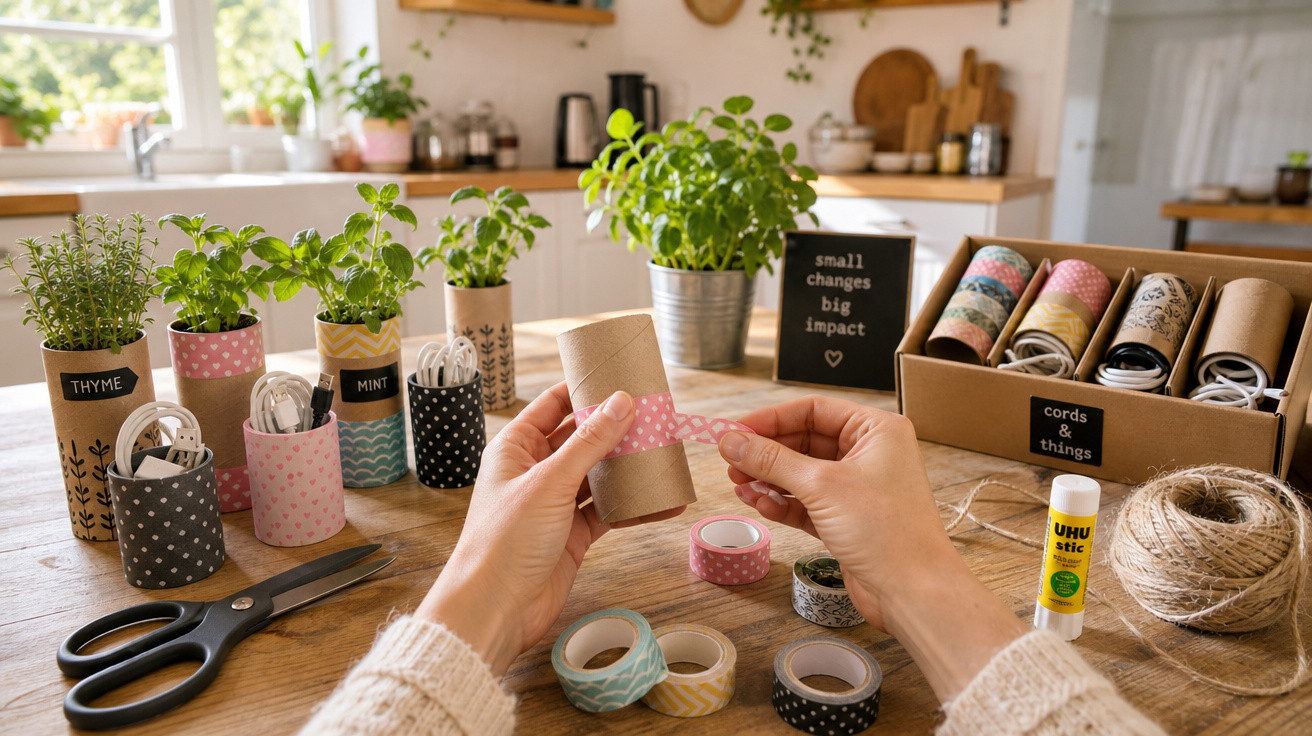 Mesa com vasos de plantas feitas com rolo de papel reciclado decorados com fita adesiva colorida.