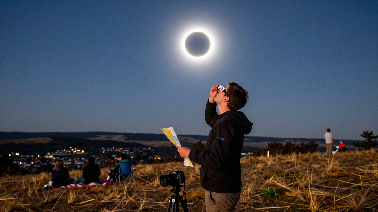 Pessoa usando óculos especiais observa eclipse solar total em área aberta ao entardecer.