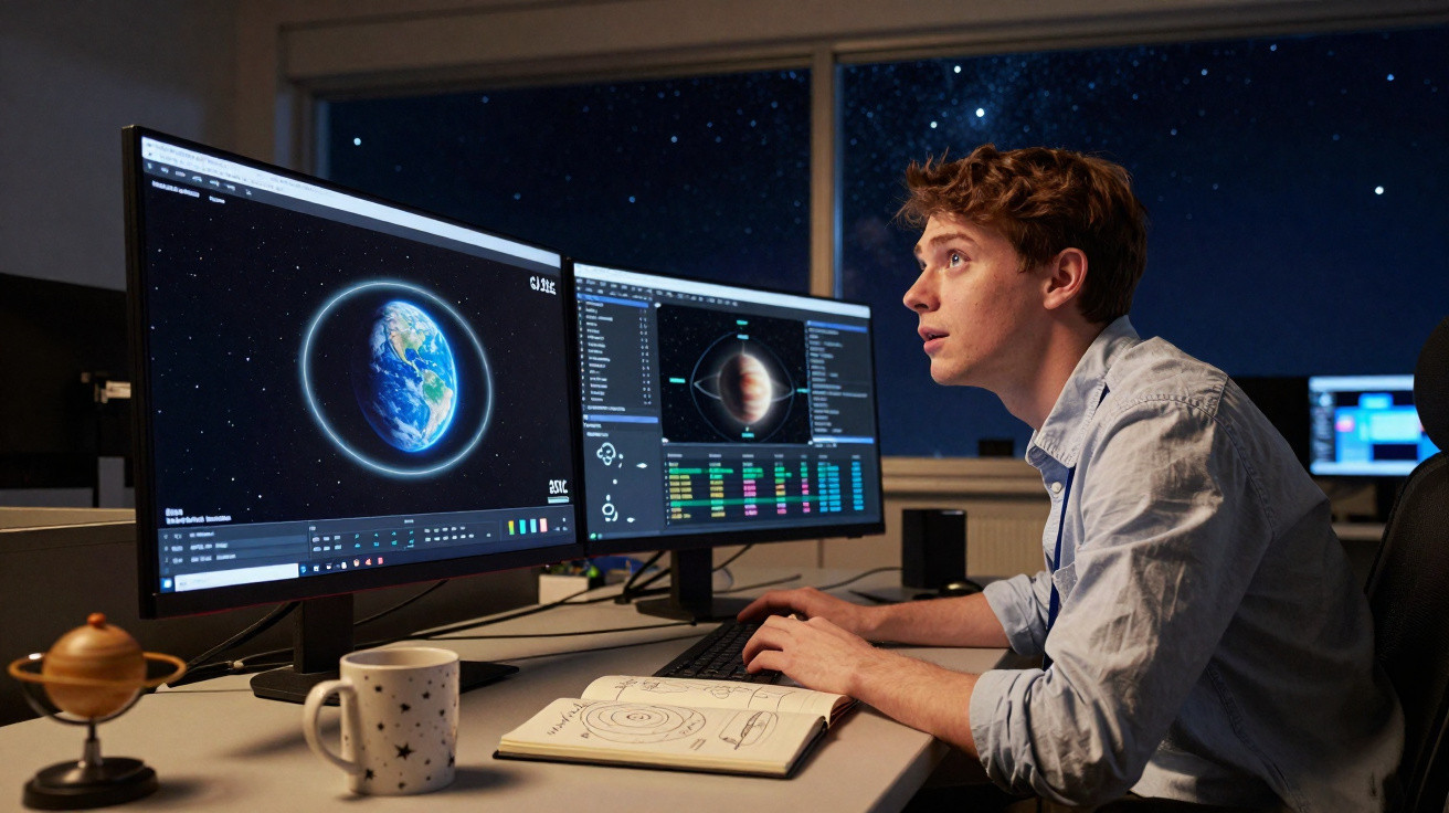 Jovem observa dados planetários em dois monitores, sentado em mesa com caderno, xícara e modelo do sistema solar.