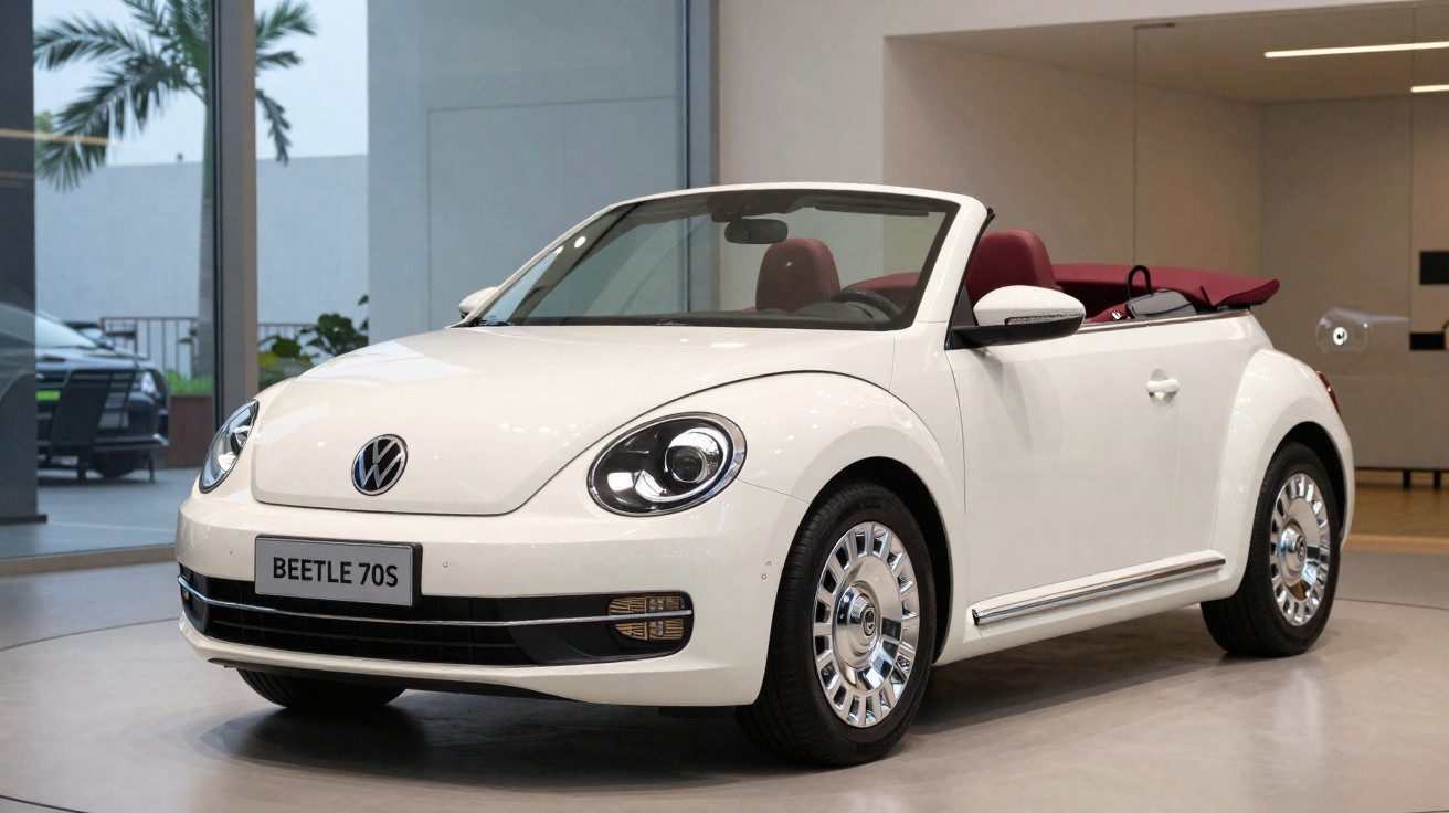 Carro conversível Volkswagen Beetle 70S branco exibido em showroom interno.