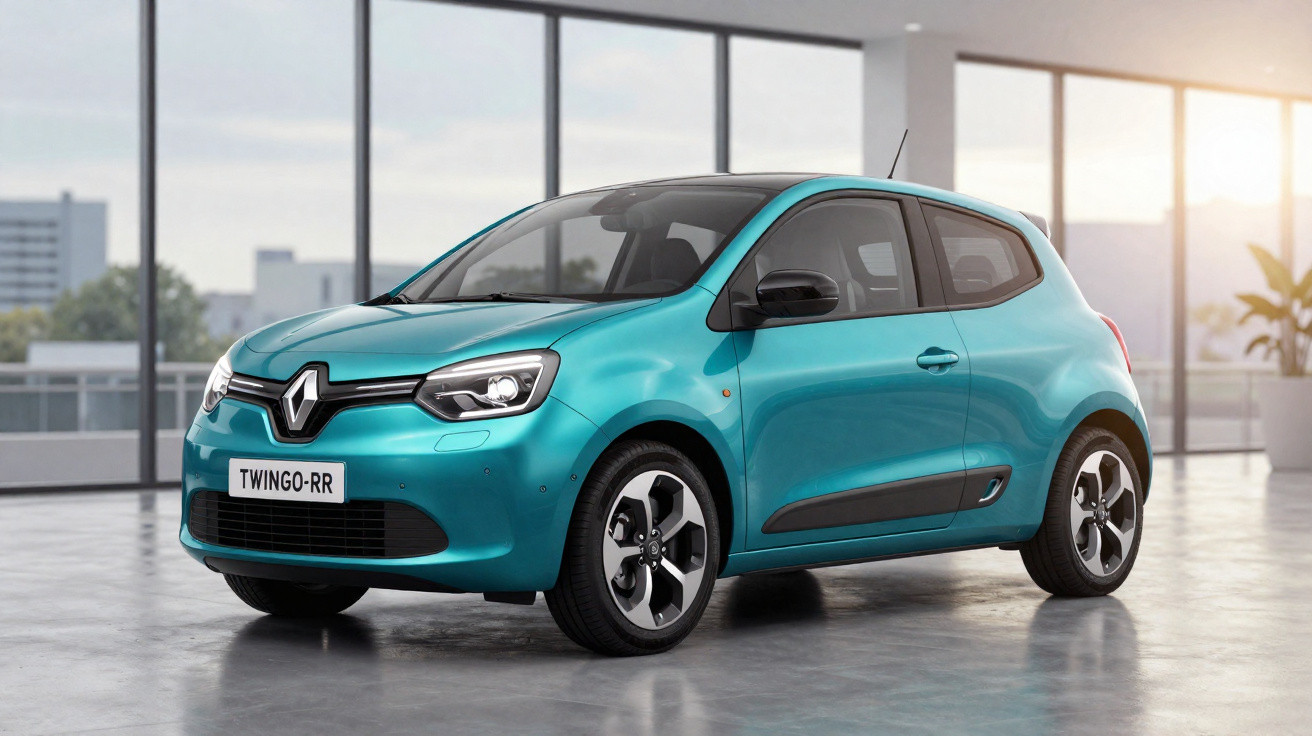 Carro hatch compacto Renault Twingo azul em ambiente interno iluminado por luz natural.