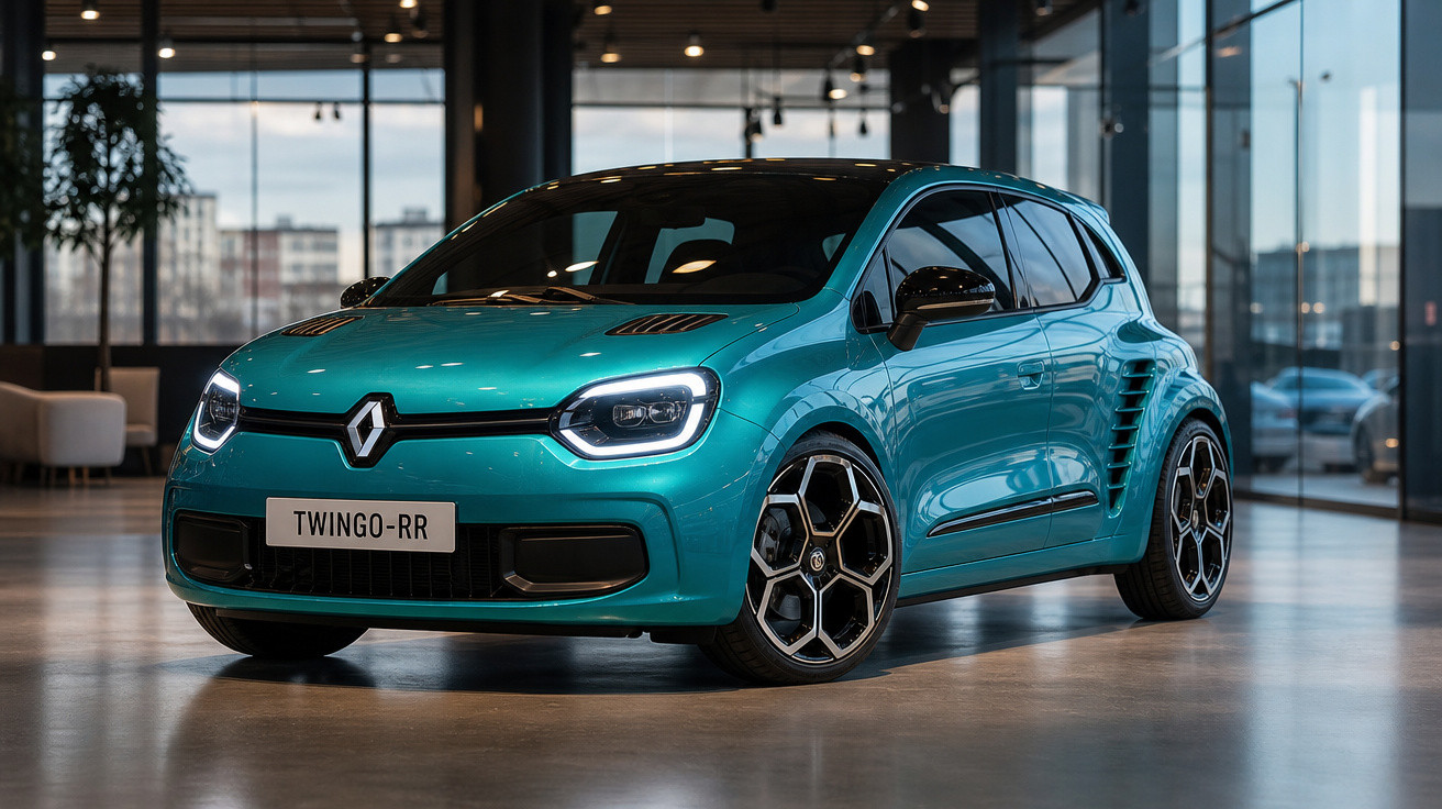 Carro Renault Twingo-RR azul exibido em showroom com janelas de vidro e piso refletivo.