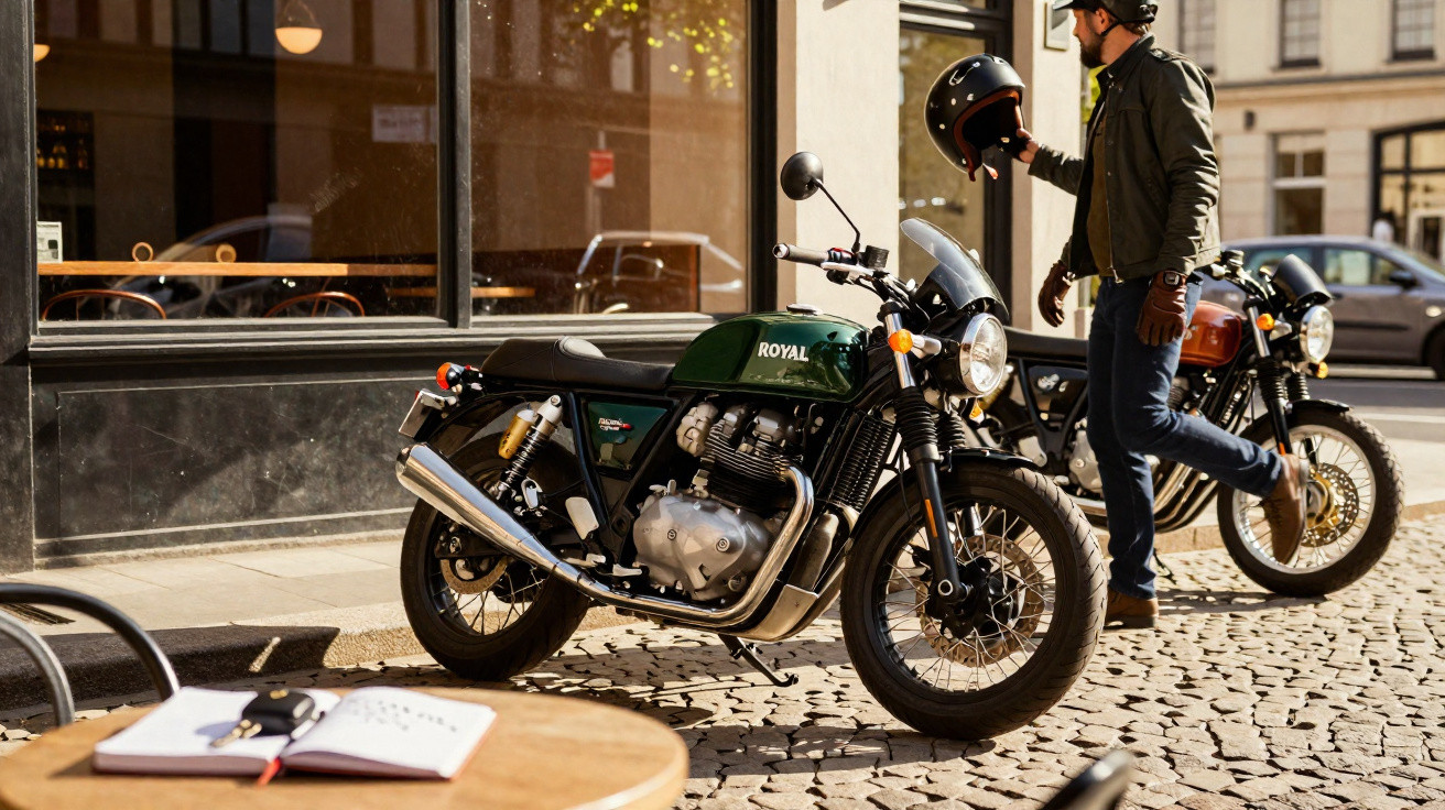 Motocicleta Royal Enfield estacionada em calçada de pedra, com homem segurando capacete ao lado.