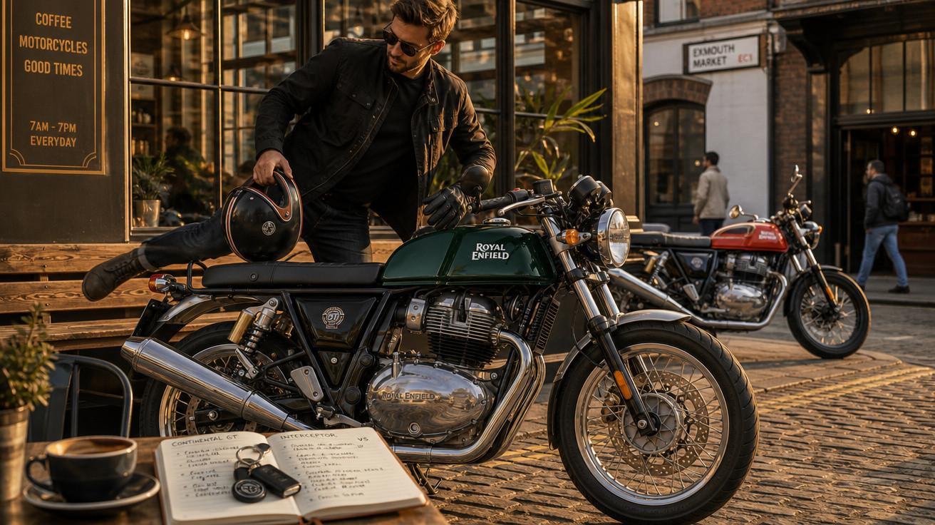 Homem com jaqueta preta segurando capacete ao lado de motocicleta Royal Enfield estacionada em calçada.