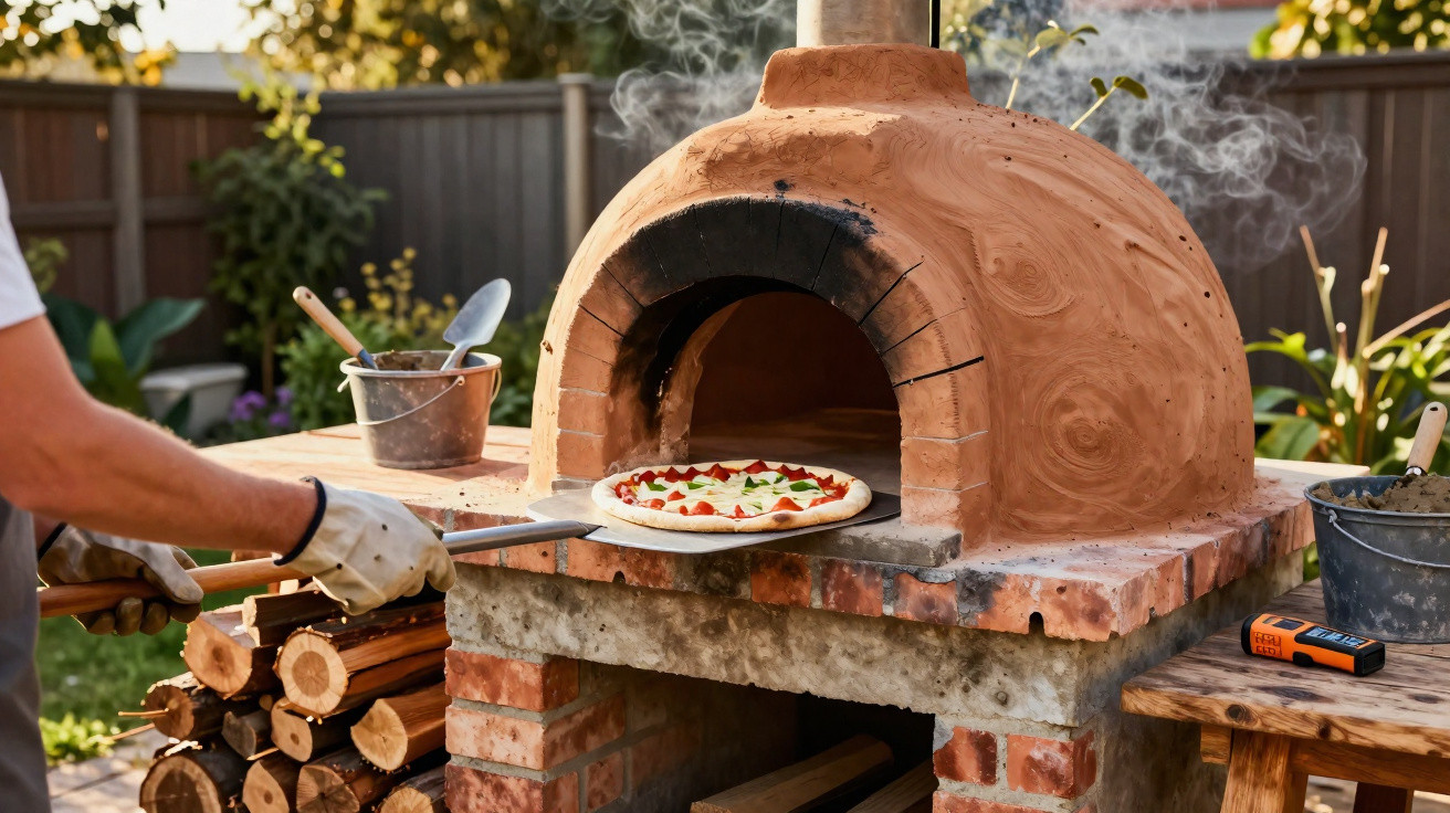 Pizza sendo colocada em forno de barro a lenha em área externa ensolarada.