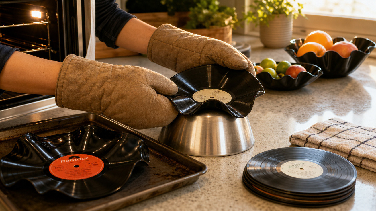 Pessoa usando luvas de forno molda discos de vinil para criar tigelas na cozinha.