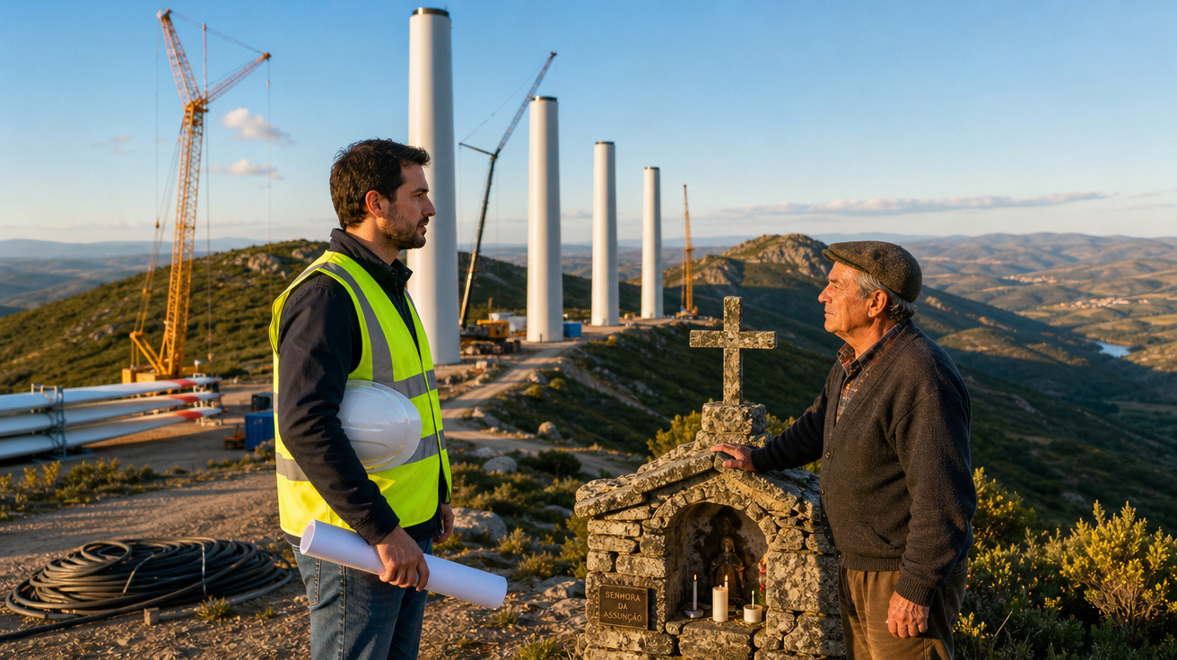 Engenheiro e idoso conversam perto de capela em construção com torres eólicas ao fundo.