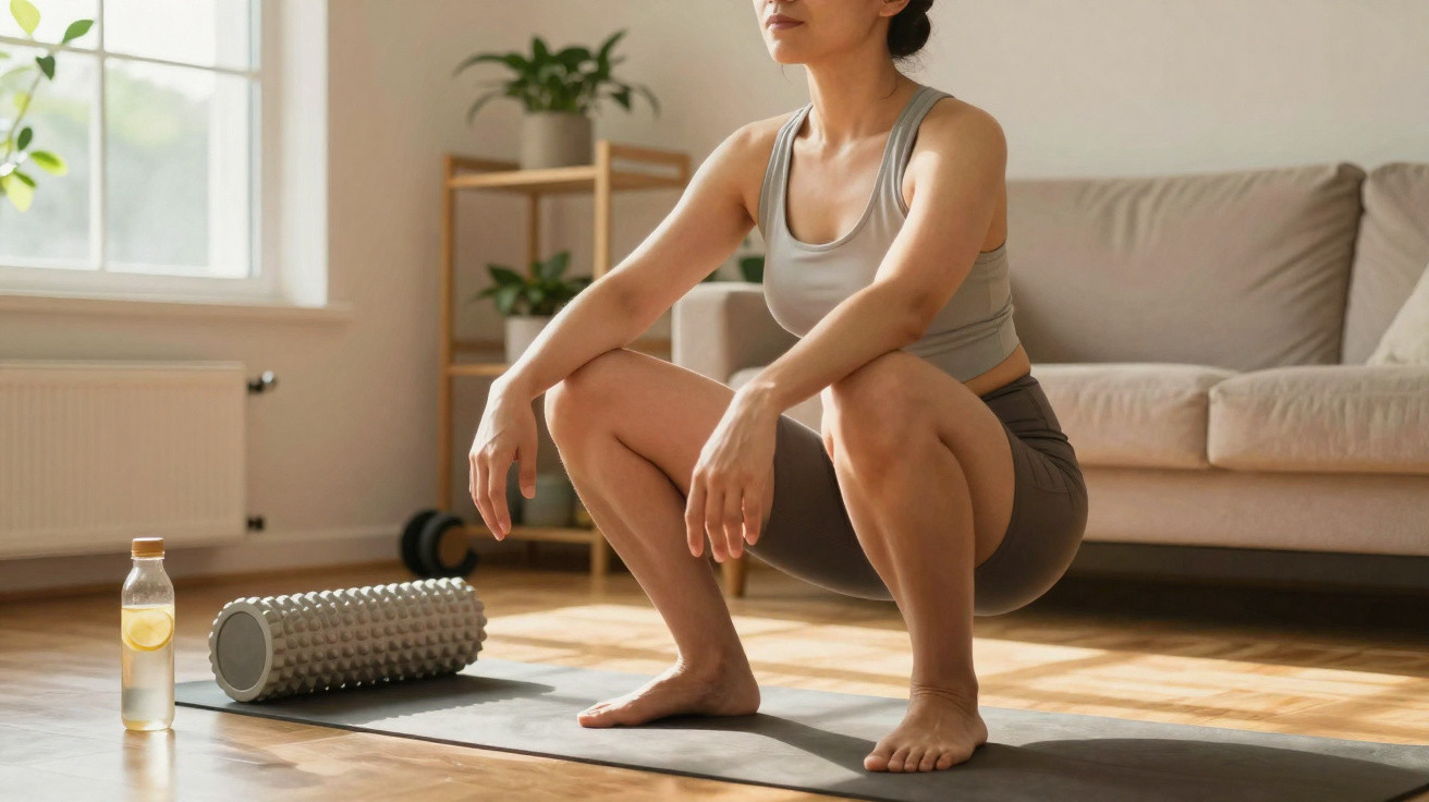 Mulher praticando agachamento em tapete de yoga com rolo de liberação miofascial e garrafa de água ao lado.