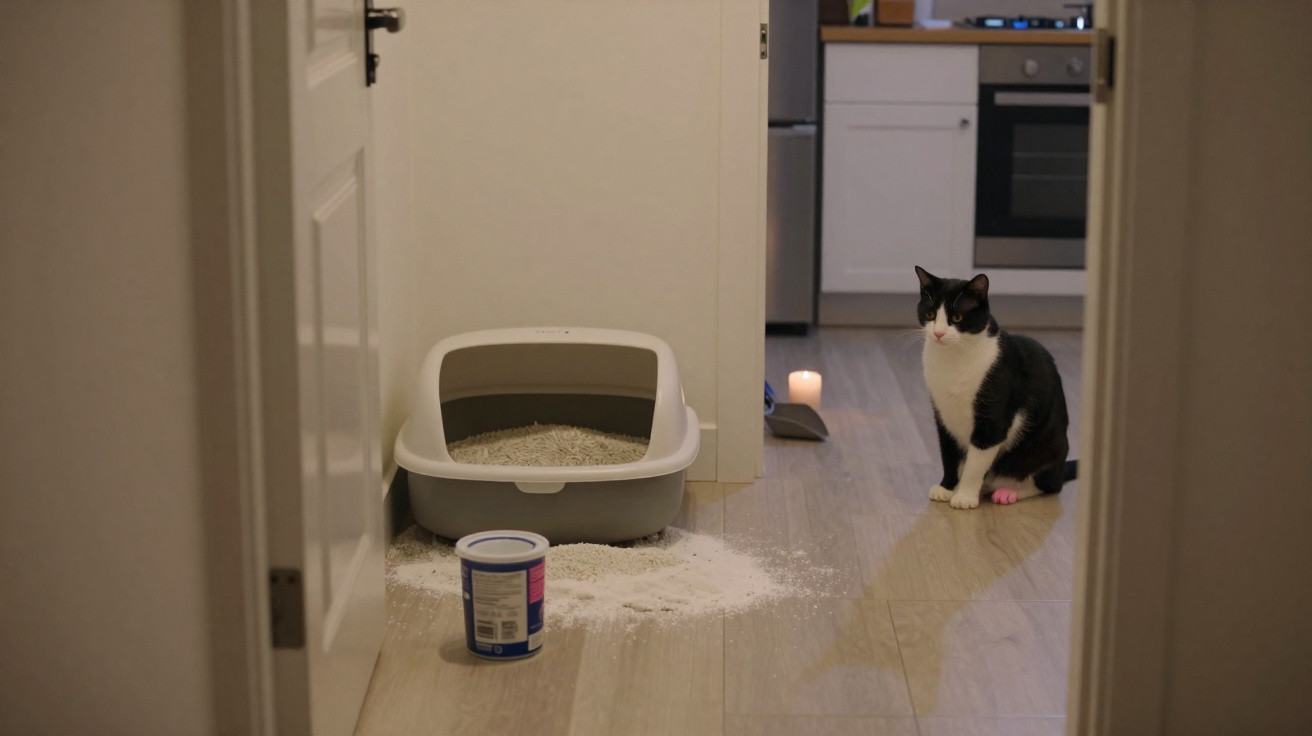 Gato preto e branco sentado no chão perto de caixa de areia e produto derramado em corredor de casa.