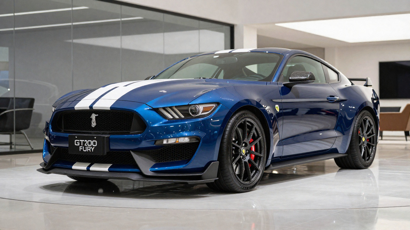 Carro esportivo azul com faixas brancas GT200 Fury em exibição dentro de ambiente moderno e iluminado.