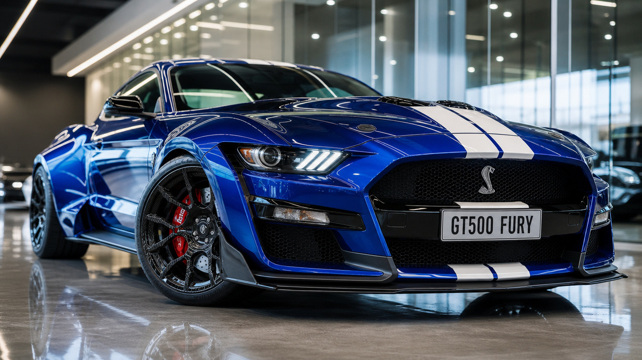 Carro esportivo azul Mustang GT500 Fury com faixas brancas estacionado em salão moderno.
