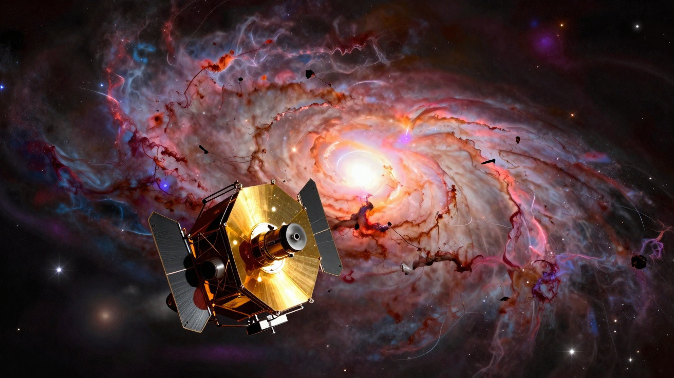 Sonda espacial dourada próxima a uma galáxia espiral colorida no espaço profundo.