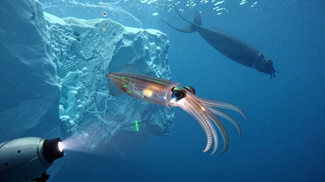 Lulas nadando próximas a um icebergue submerso, iluminadas por um robô com lanterna no oceano.