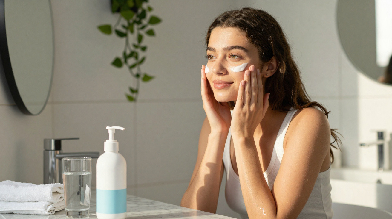 Mulher aplicando creme facial em um banheiro iluminado com toalhas e itens de higiene ao lado.