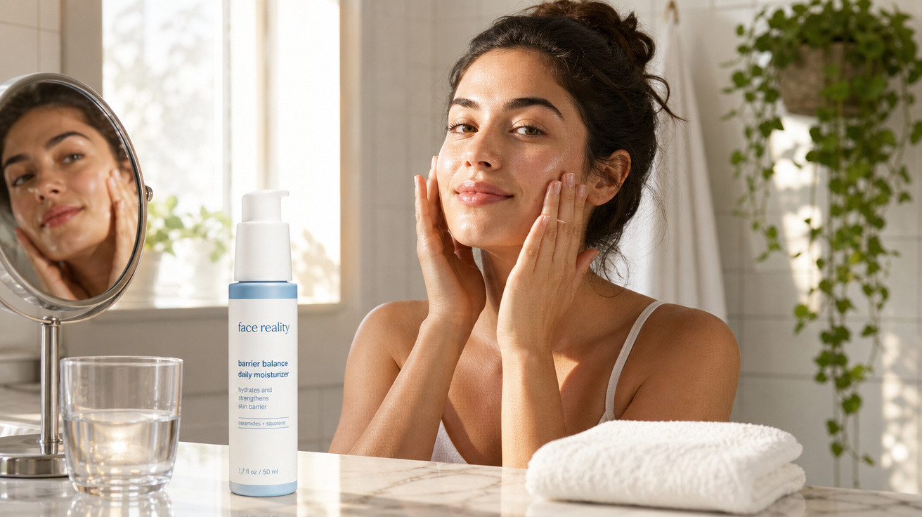 Mulher aplicando hidratante facial em banheiro claro com espelho, toalha e planta ao fundo.