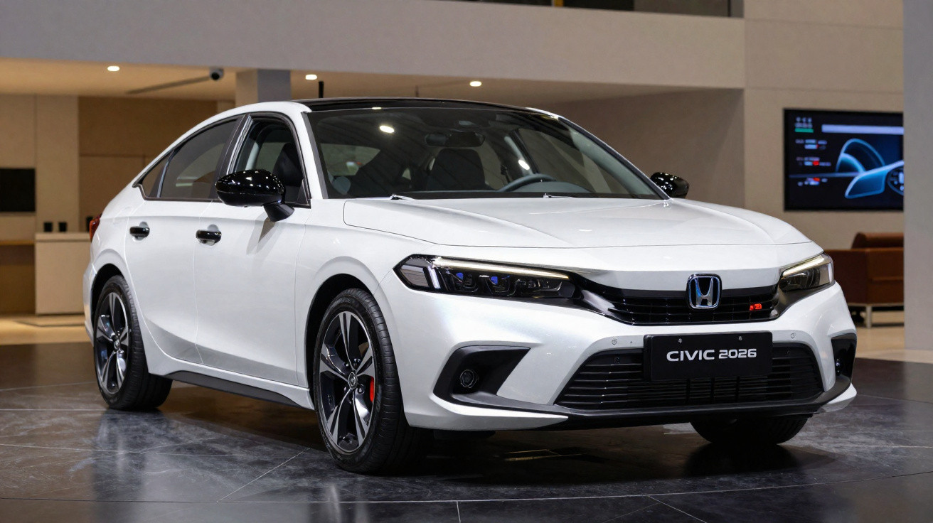 Carro branco Honda Civic 2026 exposto em ambiente interno com iluminação.