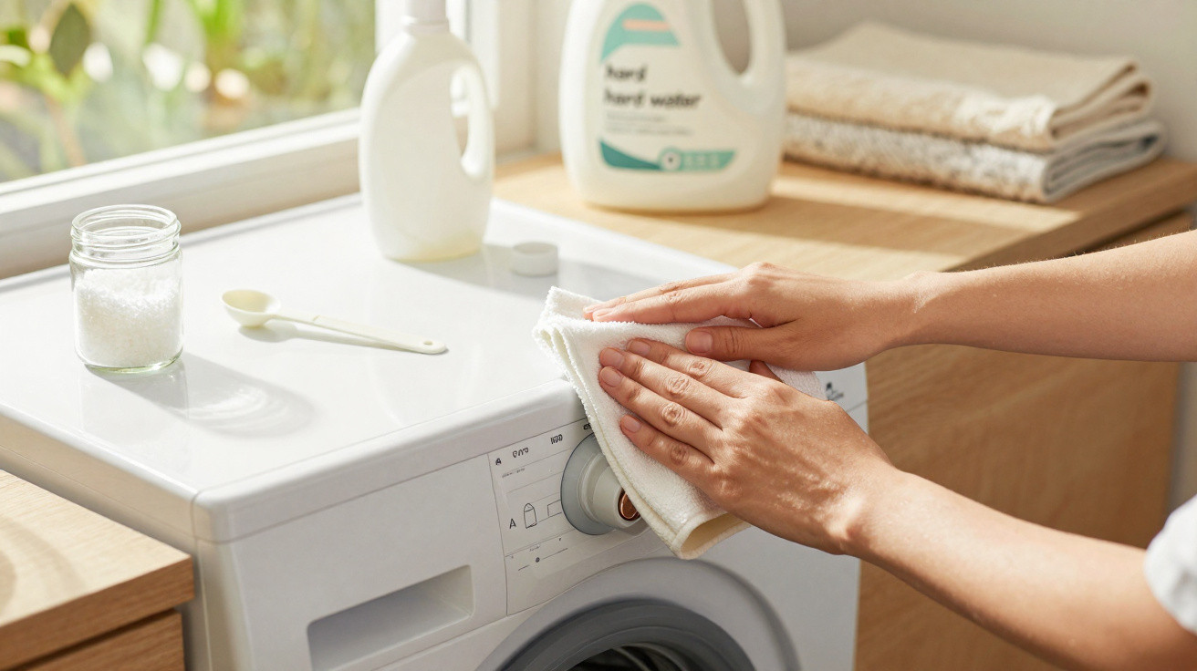 Pessoa limpando a superfície da máquina de lavar roupas branca com pano branco, com produtos de limpeza ao fundo.