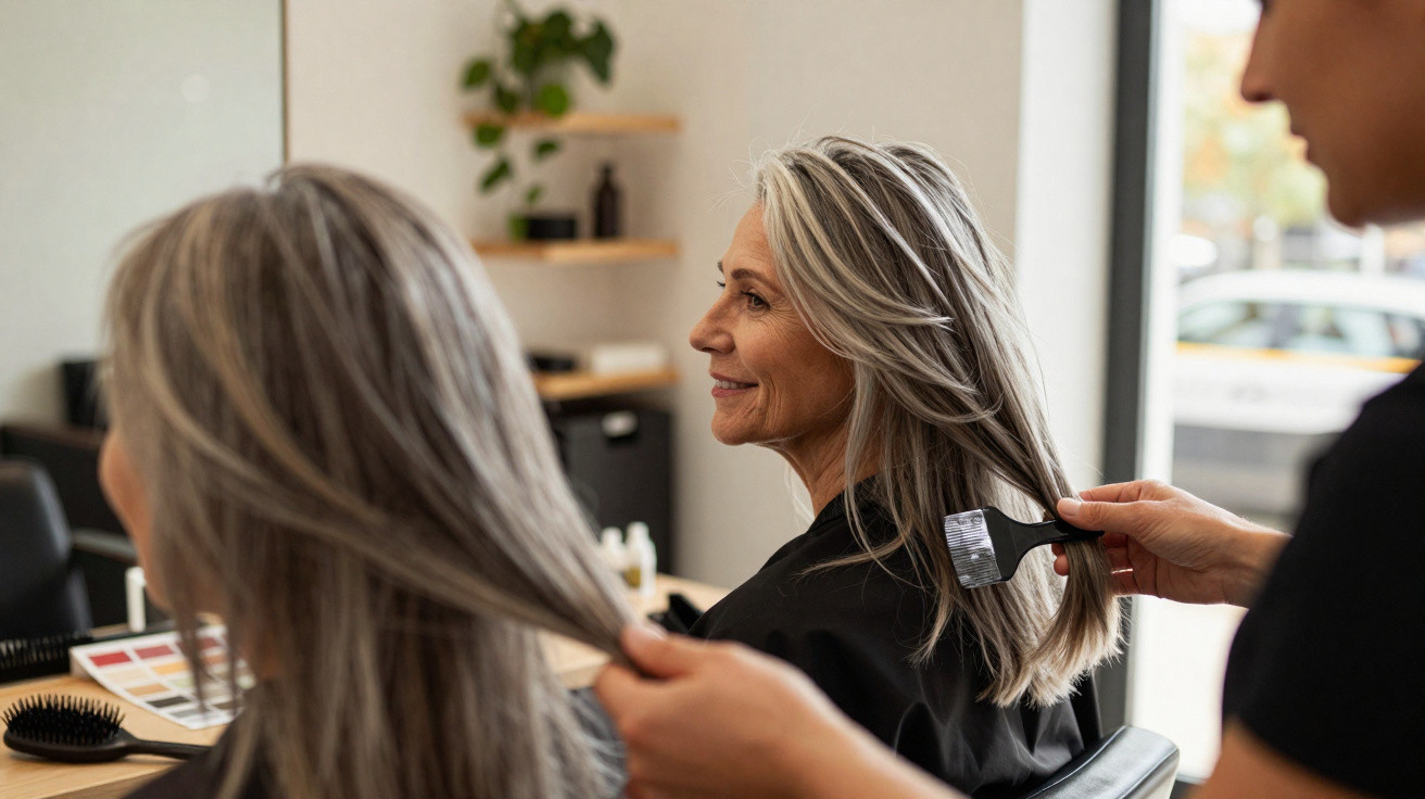 Mulher sorridente sentada em salão de beleza, com cabelo cinza sendo penteado por cabeleireiro.