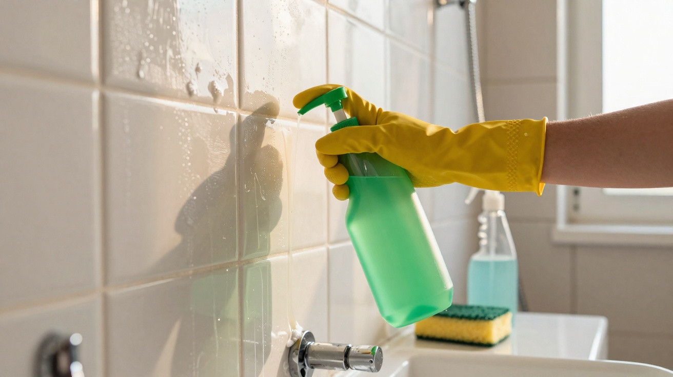 Mão com luva amarela segurando borrifador verde para limpar azulejos brancos em banheiro.