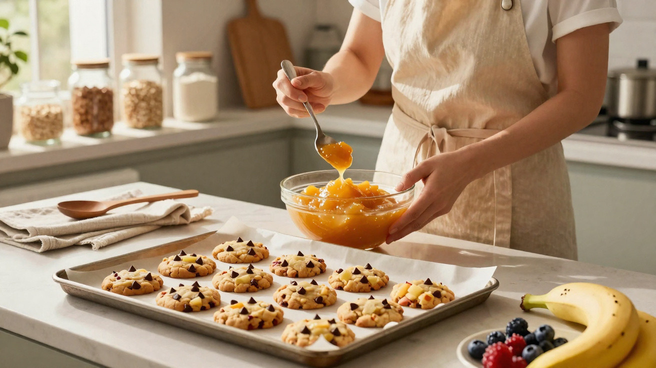 Pessoa preparando biscoitos com geleia em uma cozinha clara, ao lado de frutas e potes de ingredientes.